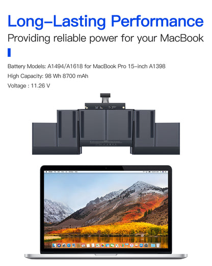 Macbook Pro A1398 Battery Replacement for 15-inch (Mid 2015,Mid 2014,Late 2013) Retina A1494/A1618 Battery
