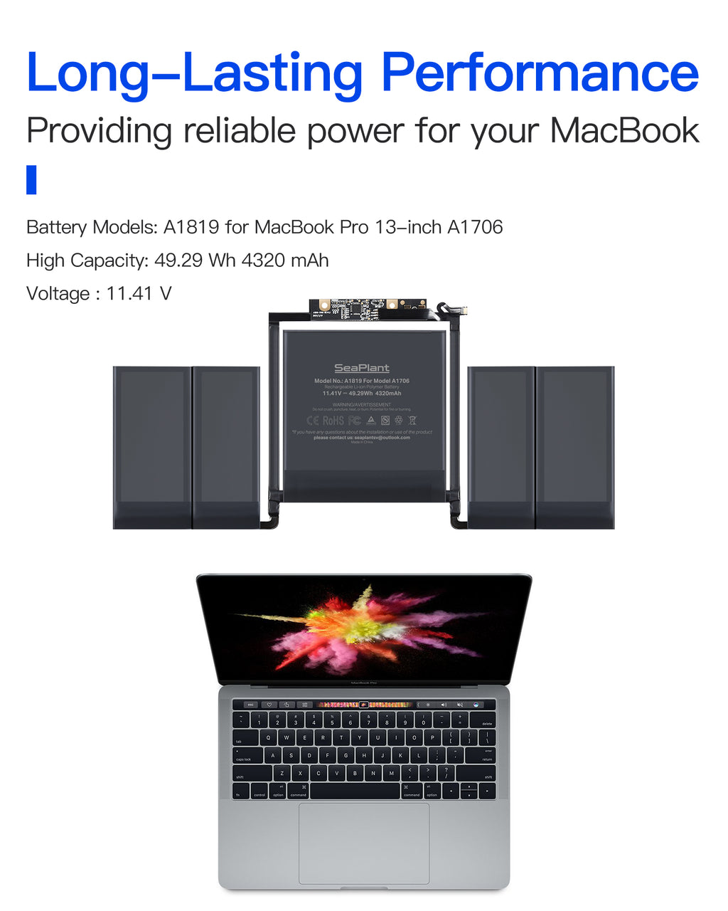 Macbook Pro A1706 Battery Replacement for 13-inch 2016-2017 A1819 Battery