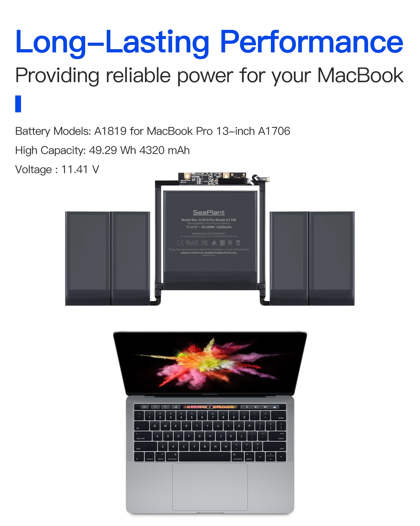 Macbook Pro A1706 Battery Replacement for 13-inch 2016-2017 A1819 Battery